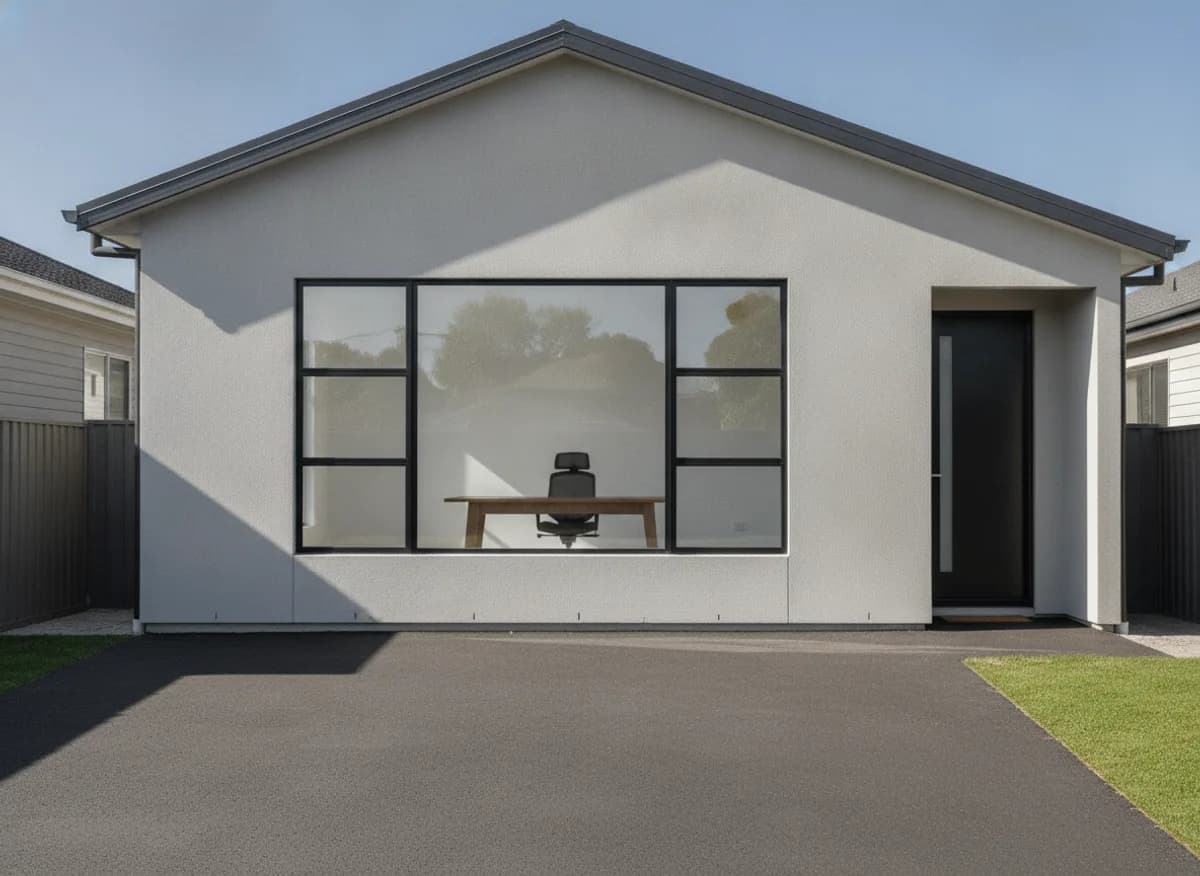 Front elevation of a garage converted to a room, with a window where the door was