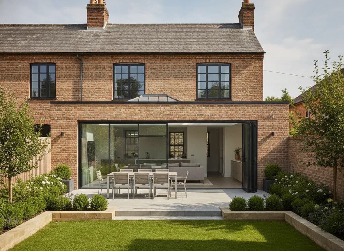 Rear elevation of a house with a flat roof extension and black framed bifold doors