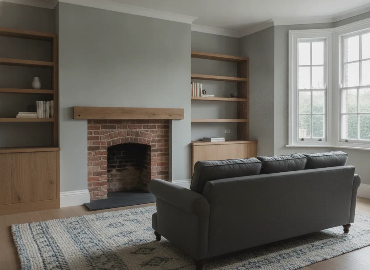 Renovated living room with a restored fireplace and fitted alcove shelving