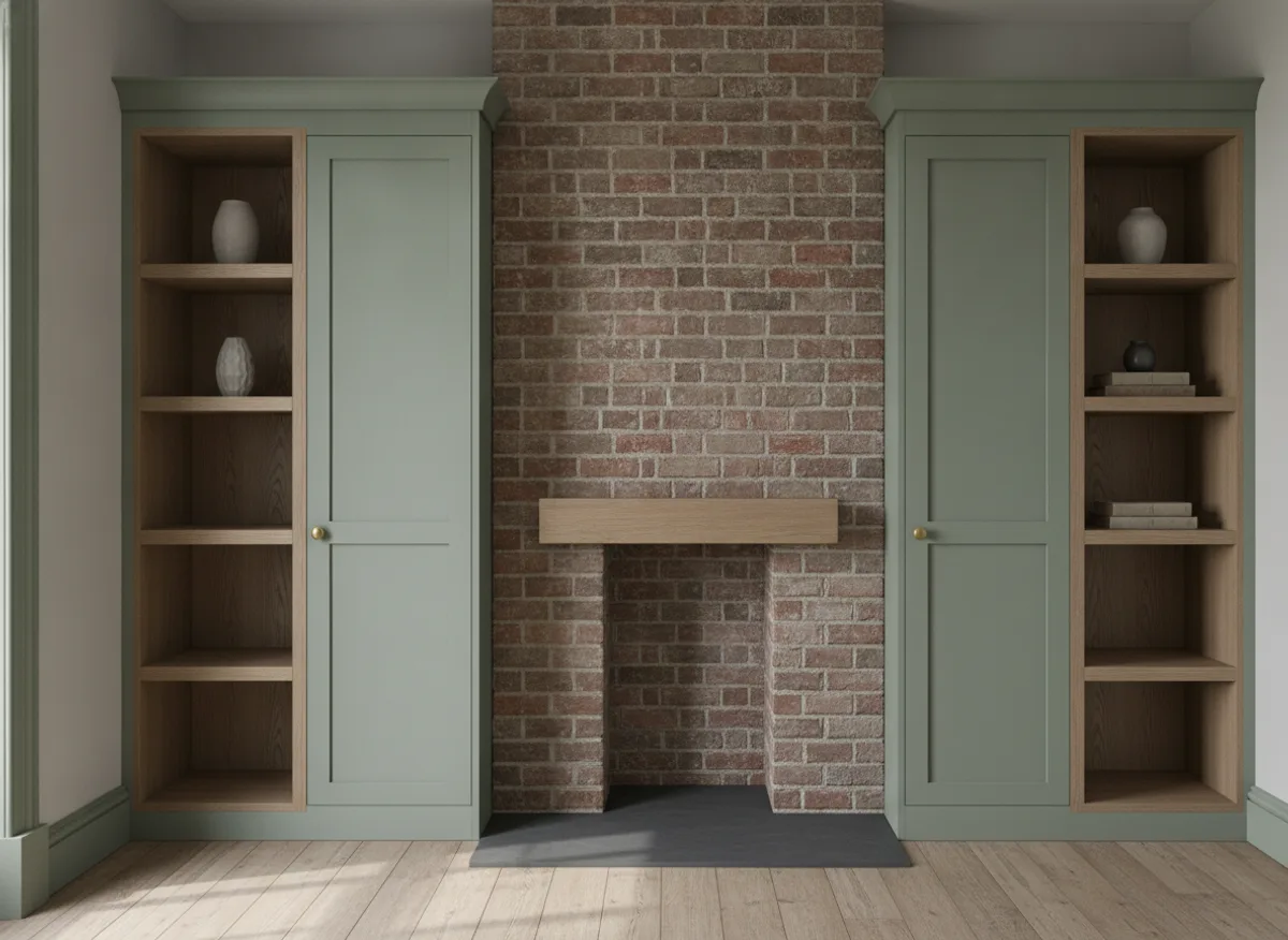 Fitted alcove wardrobes with painted shaker doors and brass handles