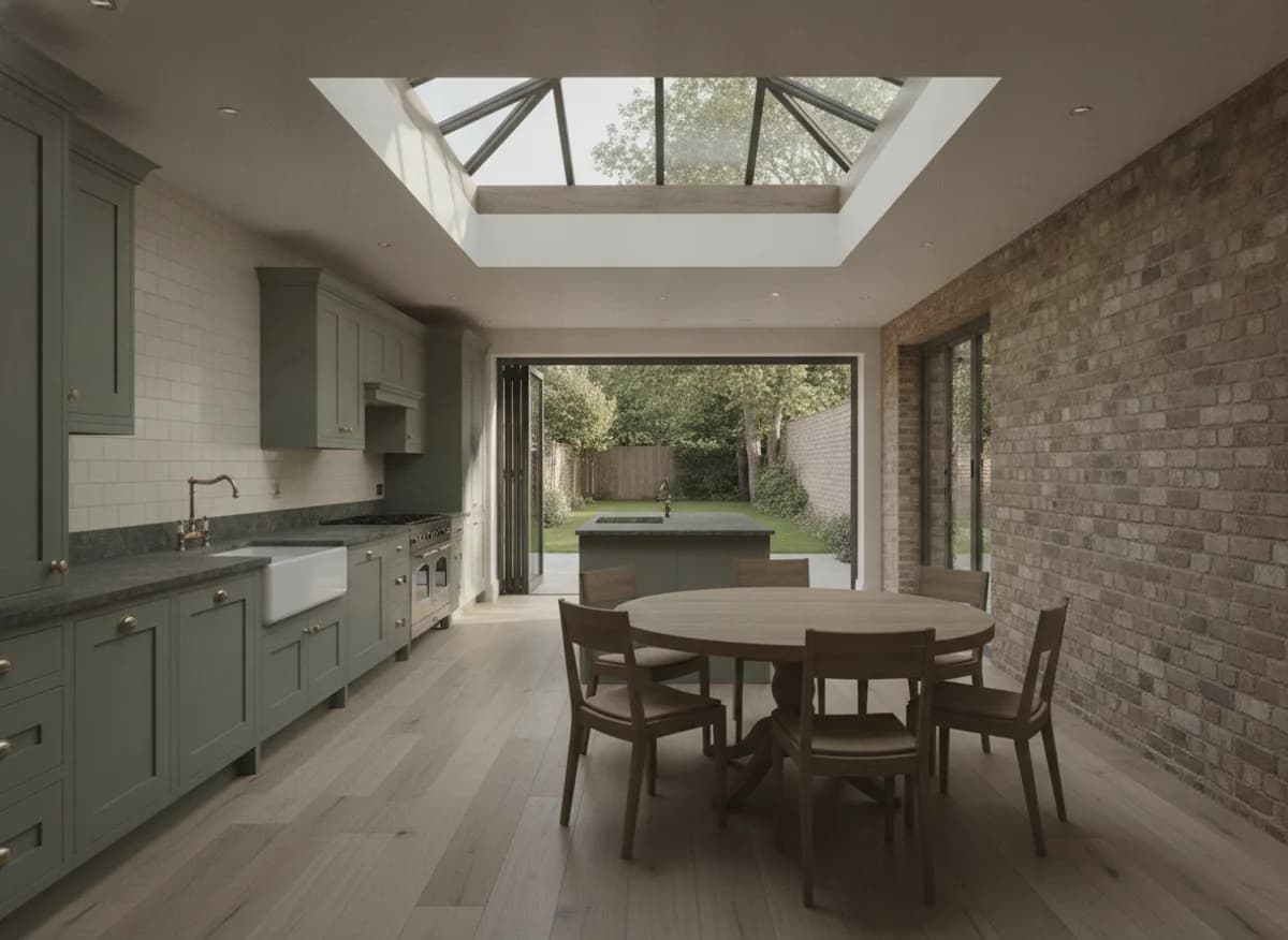 Shaker kitchen along one wall of an open plan room with an oak floor