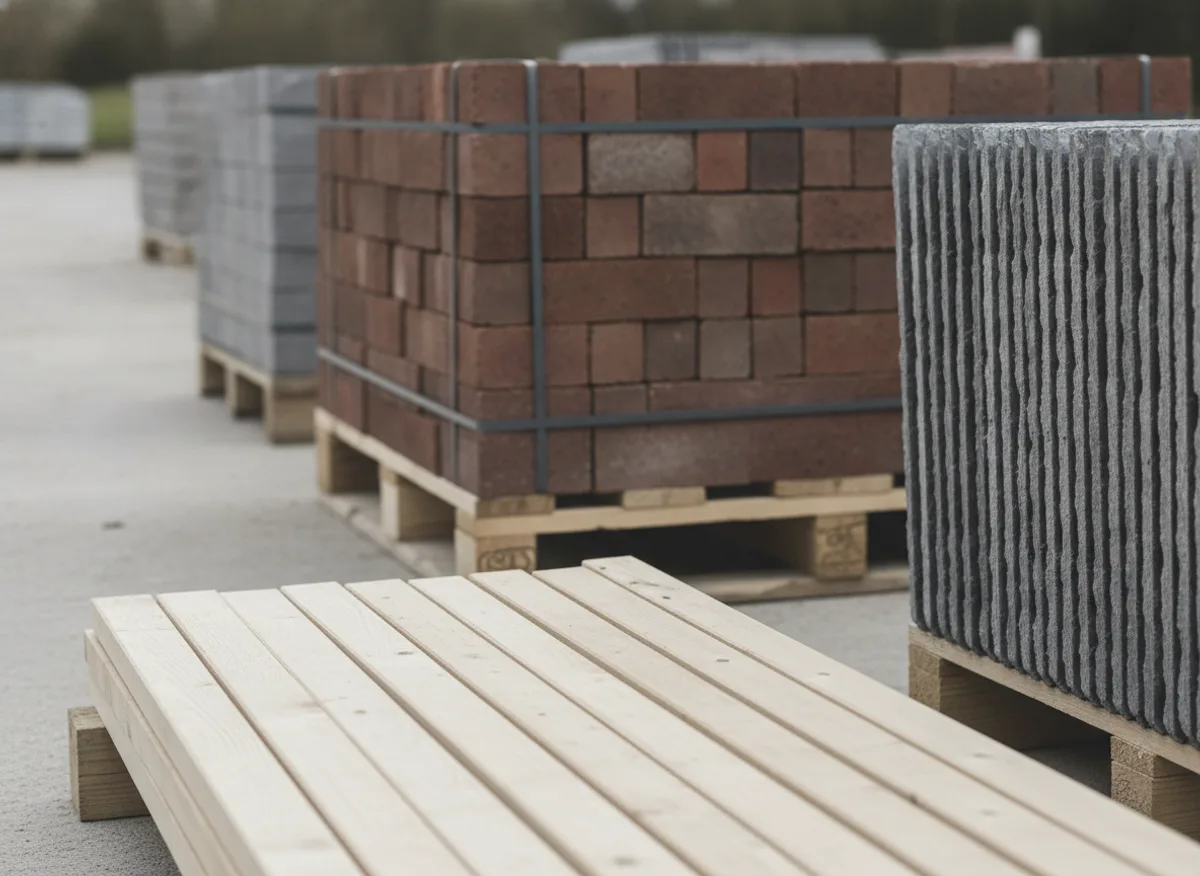 Planed timber, banded facing bricks and roof slates stacked neatly on a building site