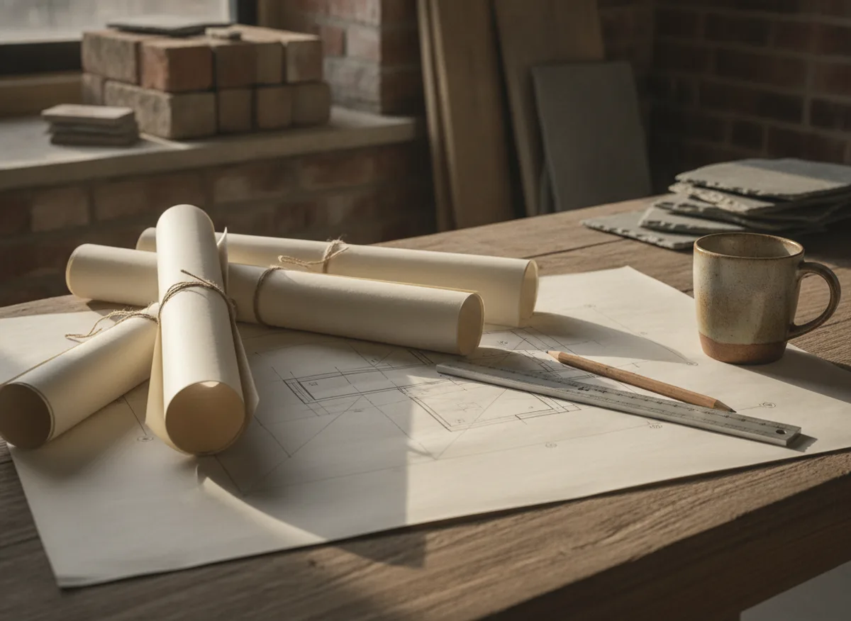 Architectural drawings on a timber table with a scale rule resting on them
