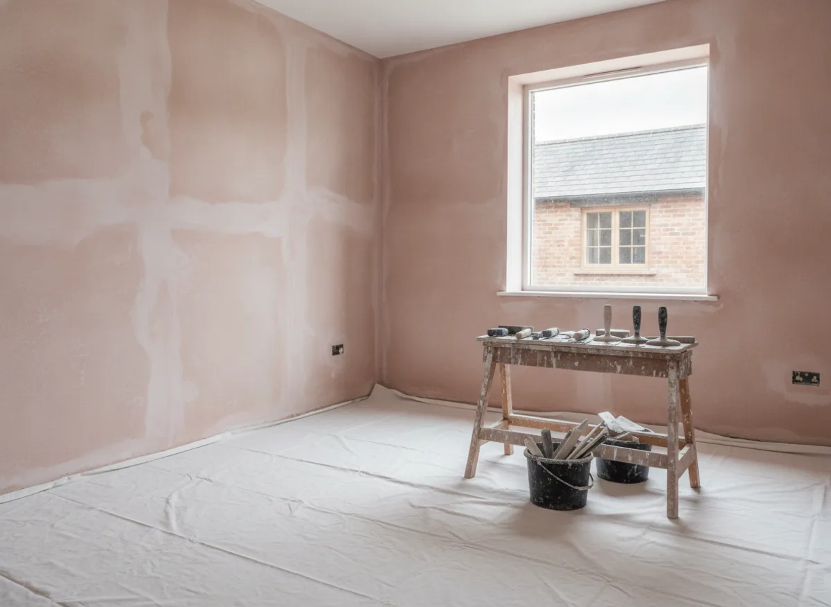 Room mid refurbishment with freshly skimmed plaster walls and dust sheets down