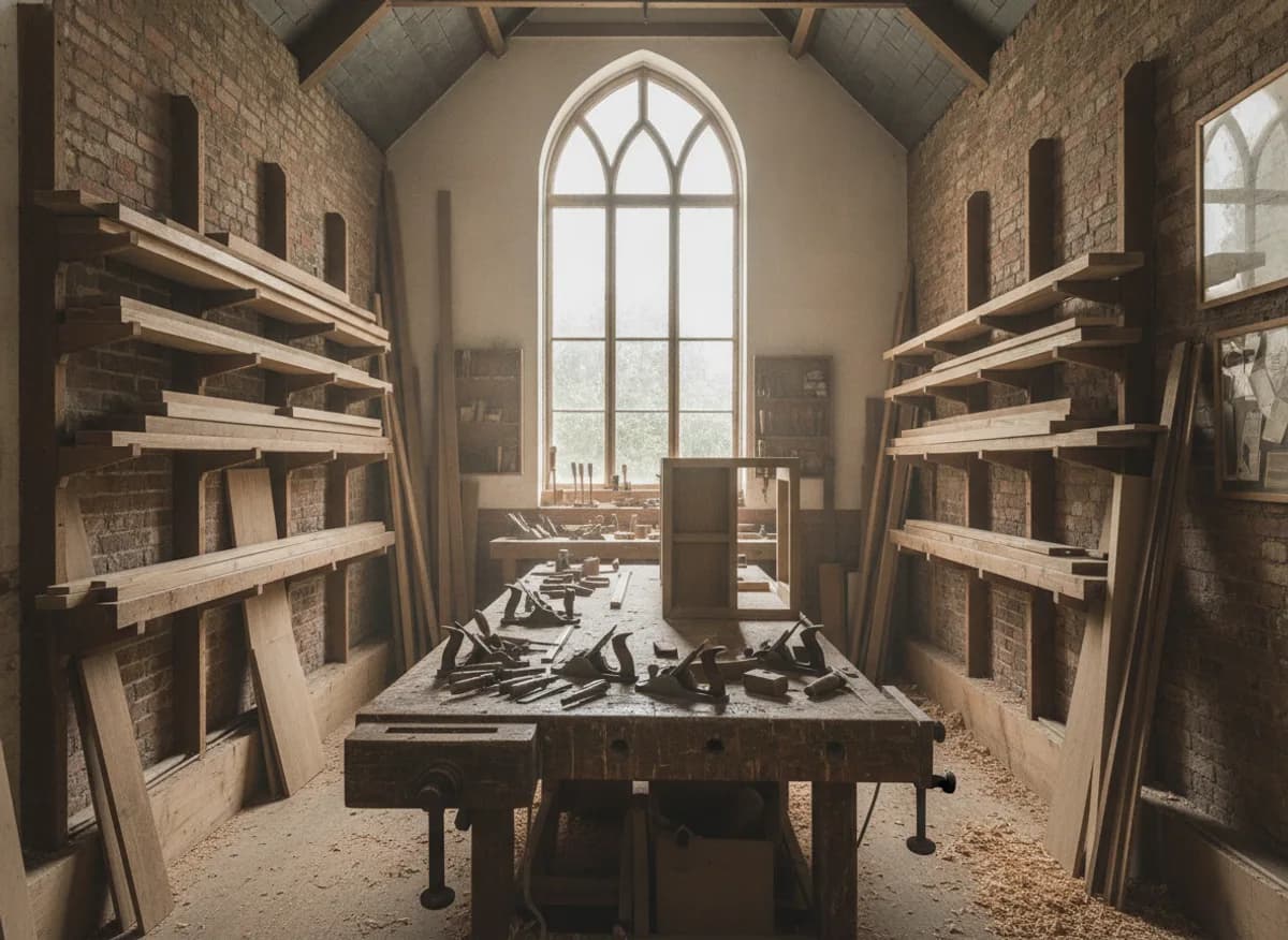 Illustrative view of a joinery workshop bench and timber stock